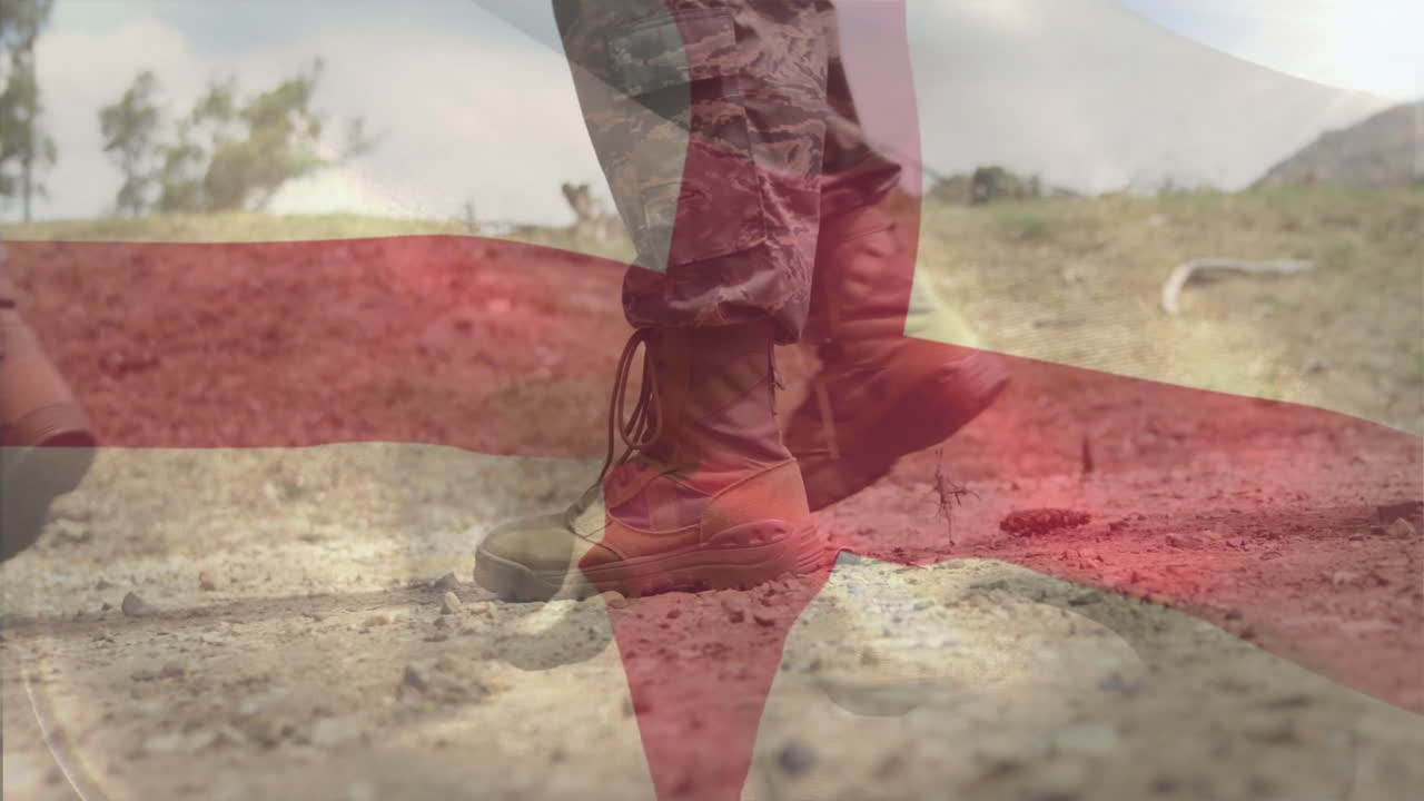 Danish flag overlay on military boots walking rugged rocky terrain
