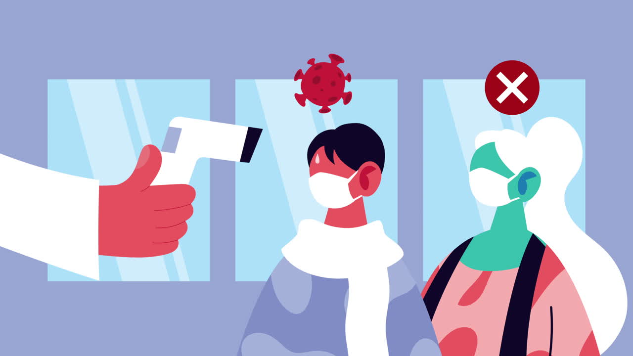 레이저 온도계와 함께 covid-19에 대한 의료 마스크를 착용하는 남성 환자