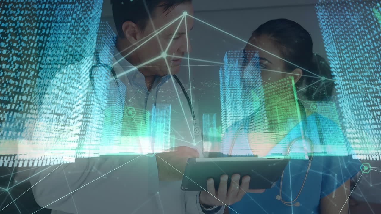 animación de conexiones y metaverso ciudad sobre diversos médicos femeninos y masculinos hablando