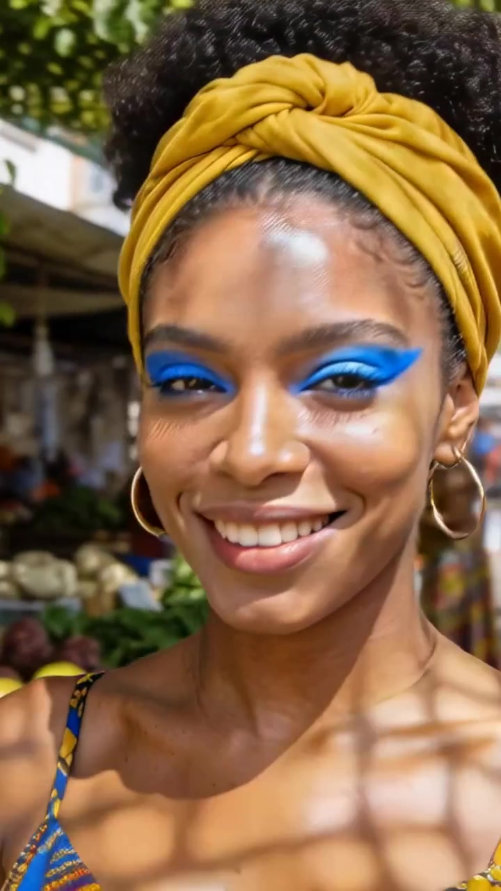 Video vertical: Mujer contestando una llamada y girando, sonriendo en el mercado, con vestido cruzado estampado amarillo y maquillaje azul.