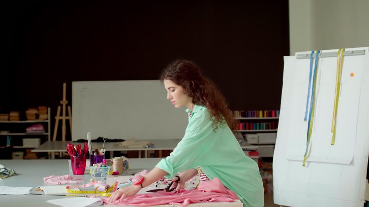 Dressmaker cutting fabric.