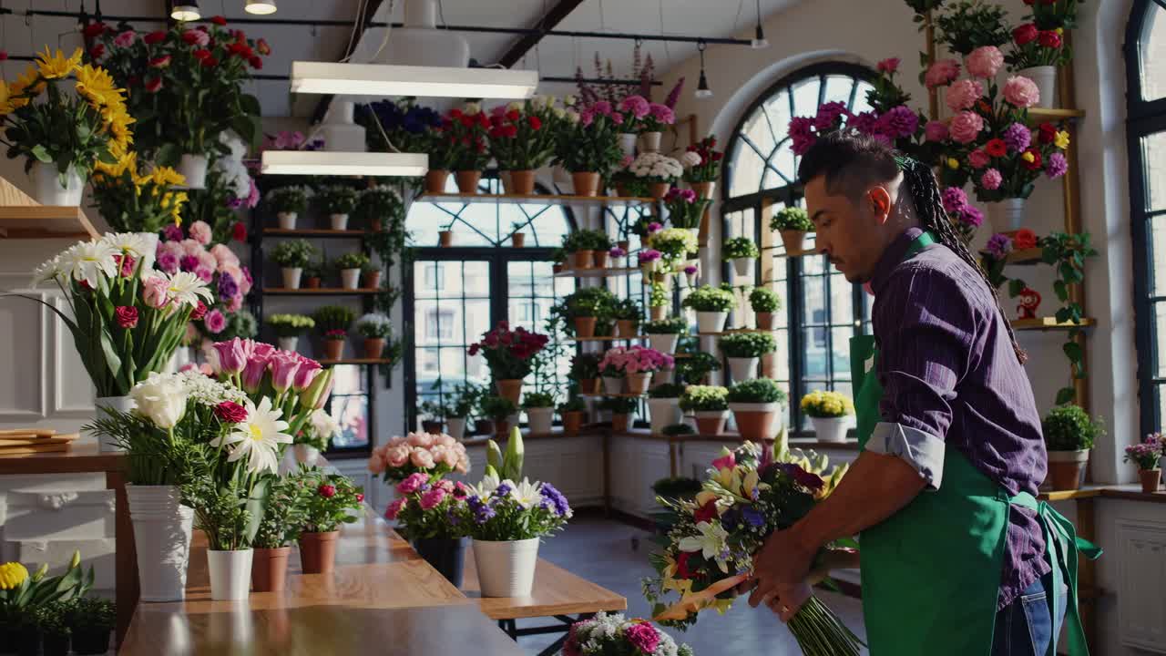 A florist arranges a bouquet in a sunlit shop, captured from a side angle