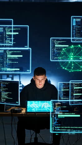hacker coding on multiple screens