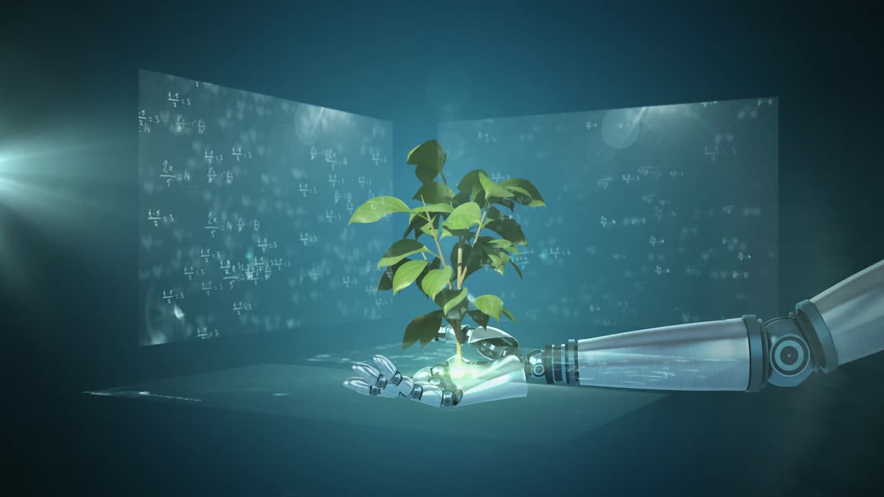 Animation of plant over robot's arm and data processing on screens