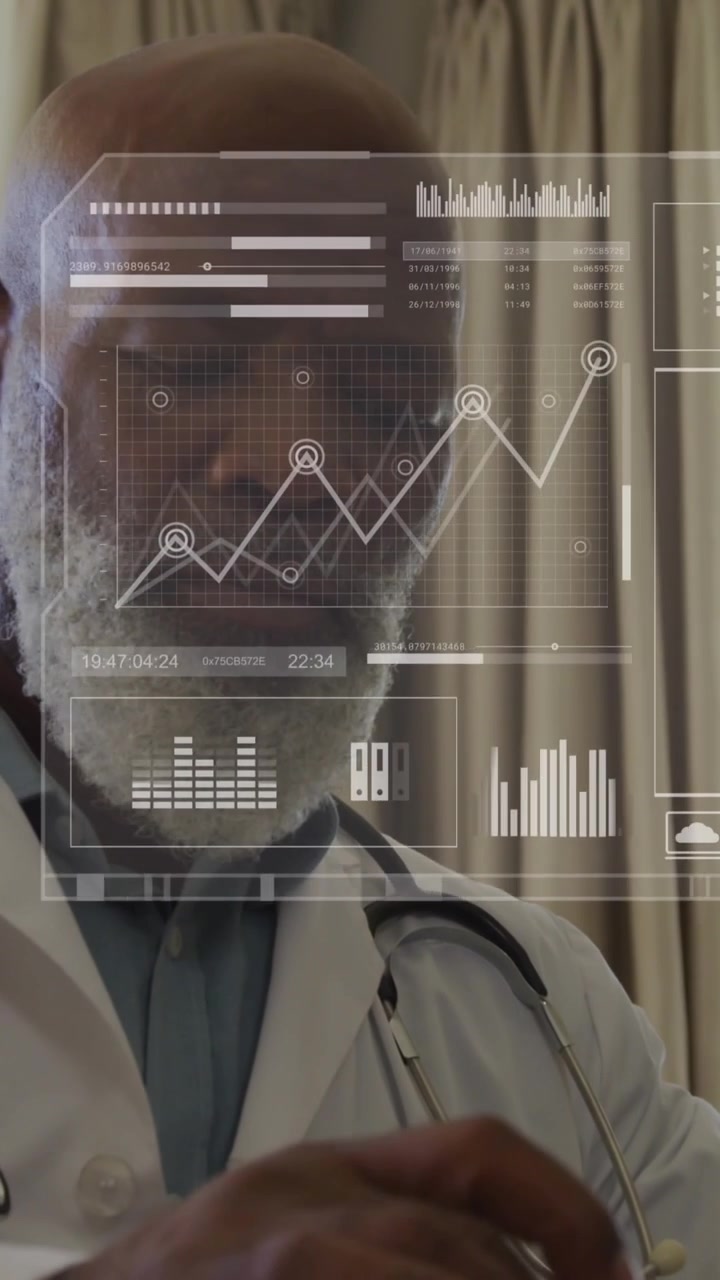 Animation of data processing over african american male doctor using laptop
