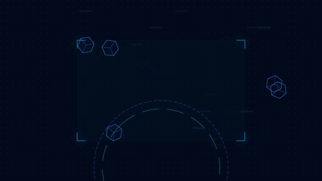 Abstract Digital Interface with Floating Geometric Cubes and Data Streams