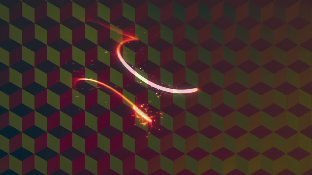 Animation of glowing light trails moving over colorful geometric cube pattern
