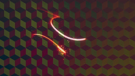 animation of glowing light trails moving over colorful geometric cube pattern