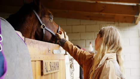 Mujer-Acariciando-Un-Caballo-En-Establo-4k