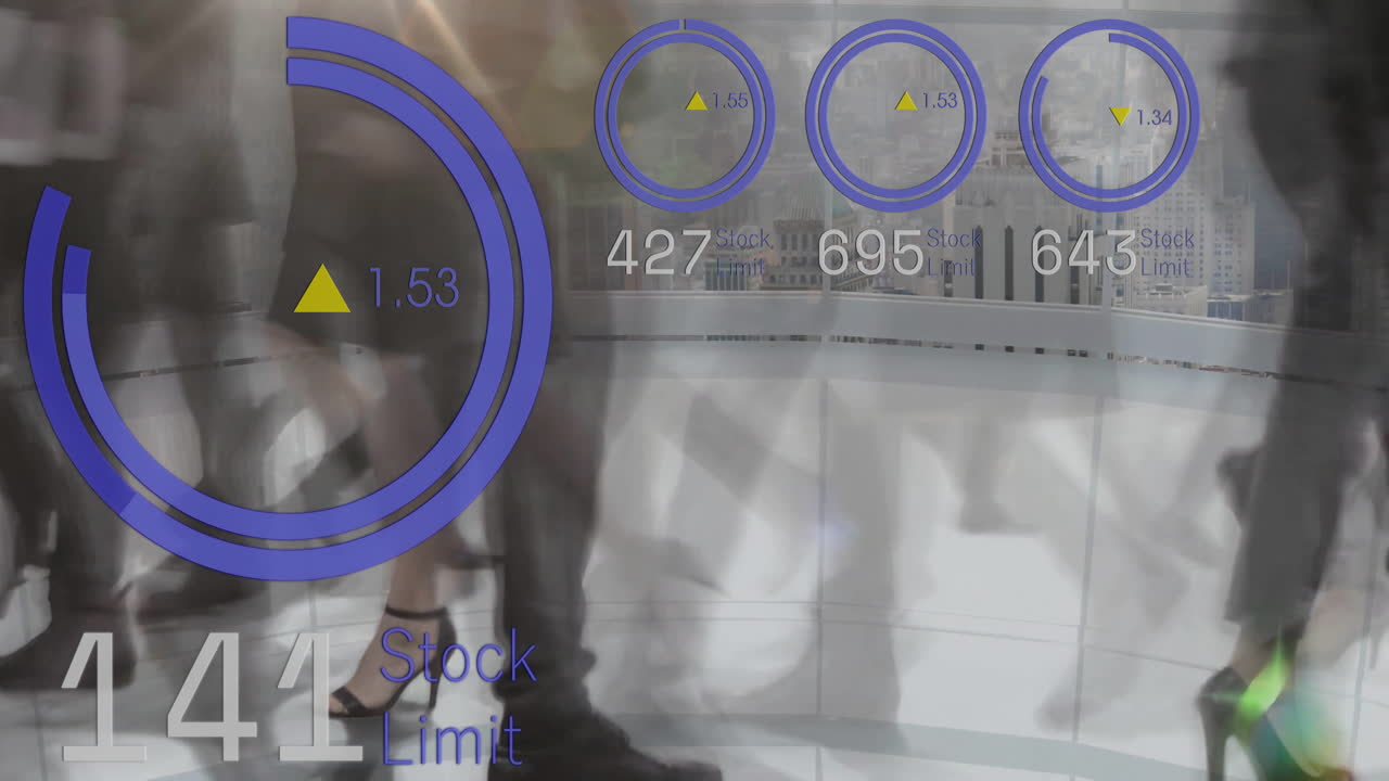 Stock limit and data analysis animation over people walking in urban area