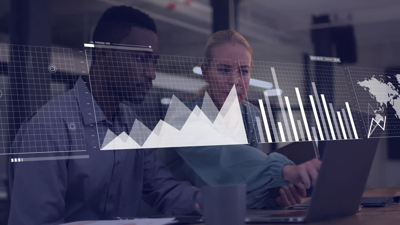 Animation of financial data processing over diverse business people in office