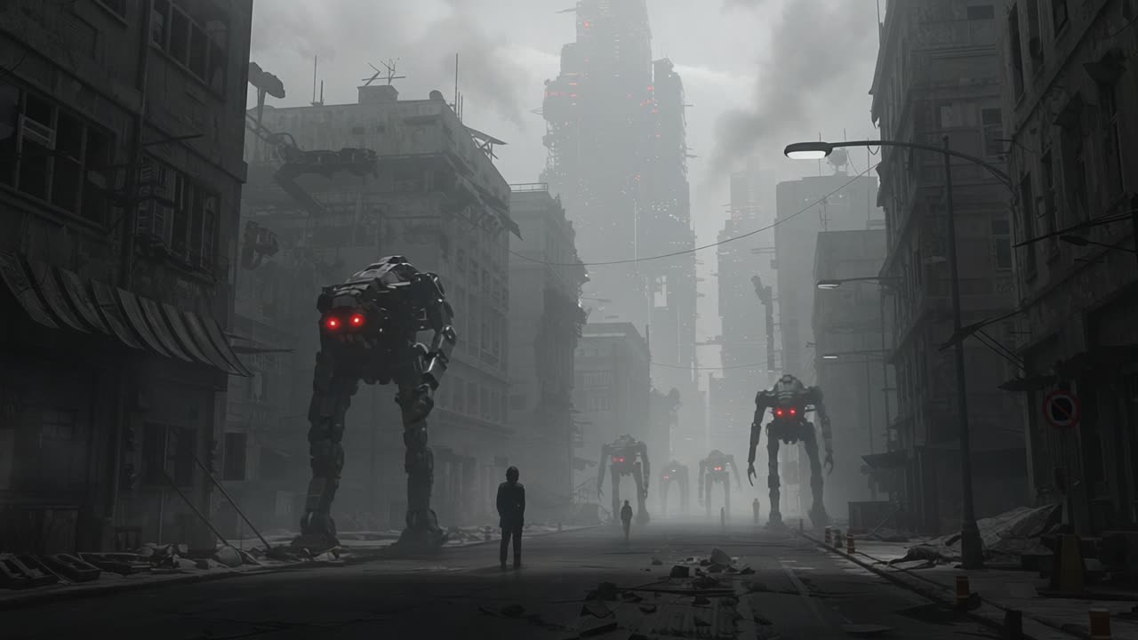 In a dystopian future, towering robots patrol a desolate city street shrouded in fog, casting an eerie atmosphere over the remnants of a once-thriving civilization