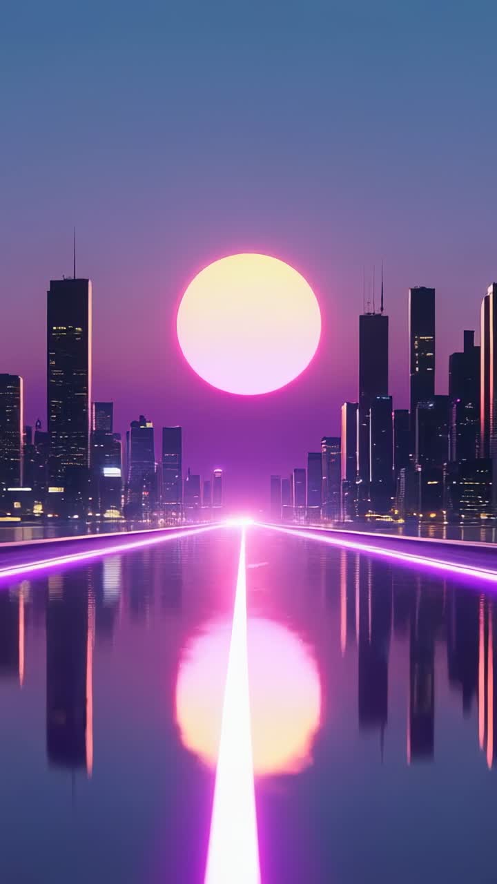 Vertical video: Pulsing neon road leading toward glowing orb at city street, tower windows flashing