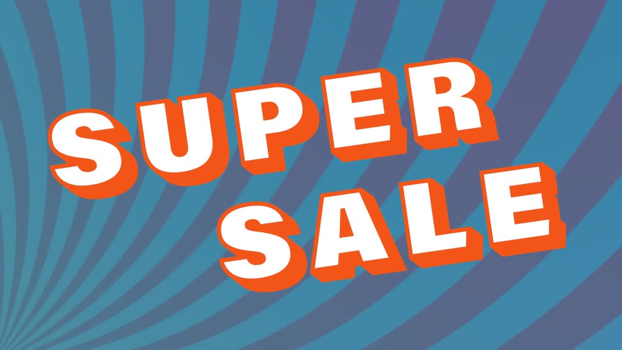Animazione del testo "super saldi" su un motivo a raggiera, su sfondo blu.