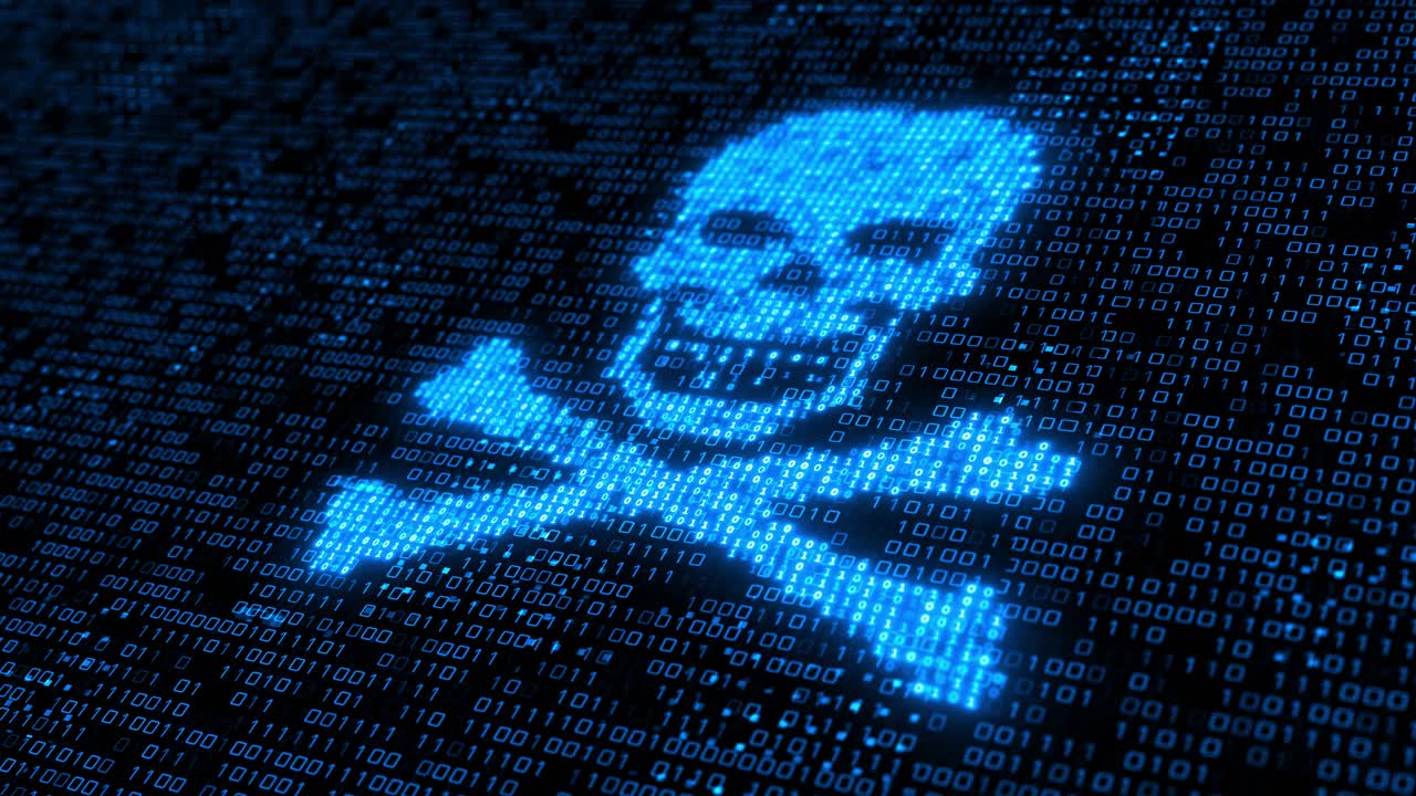 Cyber attack blue alert with skull symbol on computer screen system hacked warning concept cyber