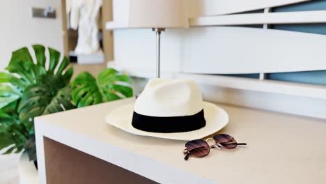 a classic panama hat and sunglasses in a bright and modern hotel room