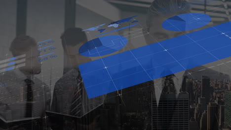 animation of financial data over caucasian businessman smiling in office