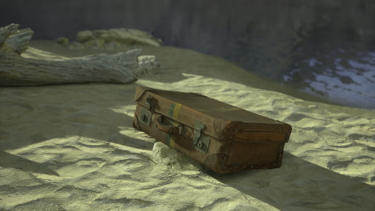 Old wooden suitcase rests on sandy riverbank during daylight