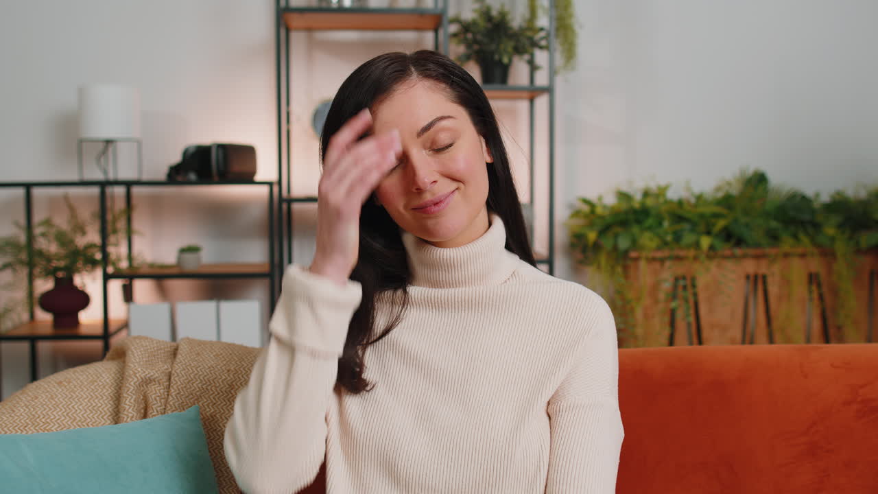 Happy calm woman smiling friendly glad expression feel satisfied concept good news celebrate win