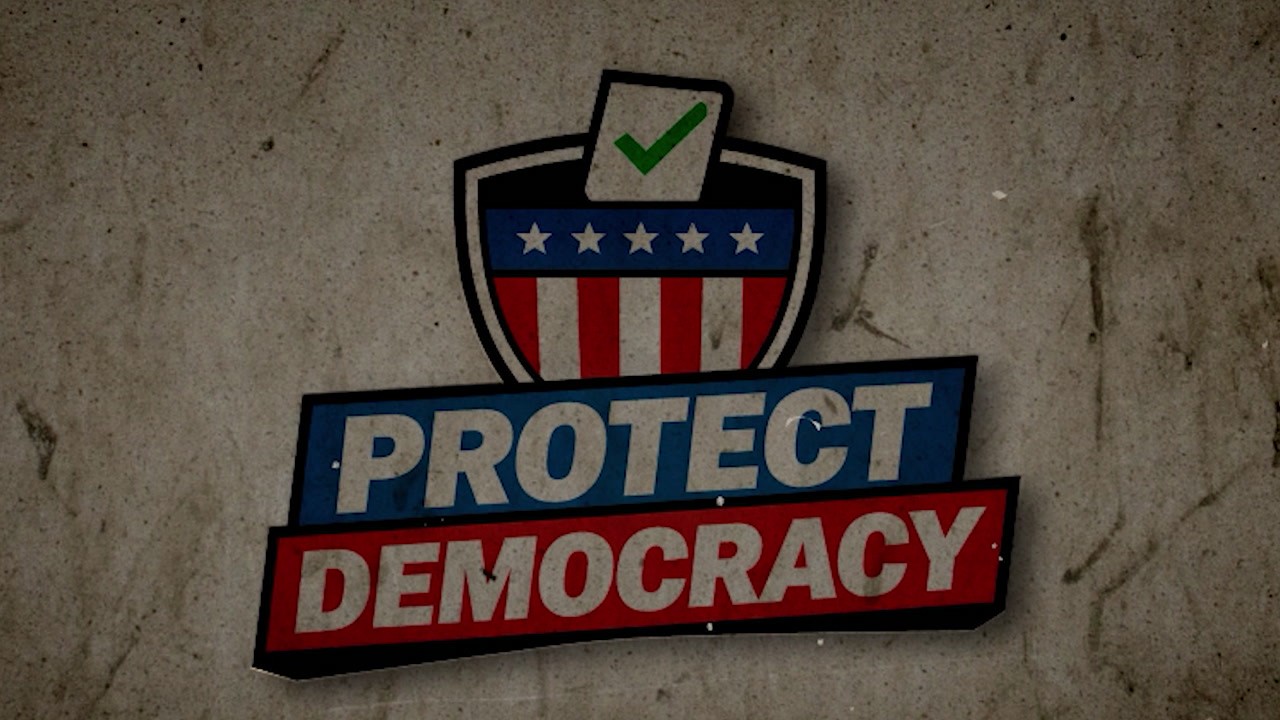 Logo for Protect Democracy appears as wall crumbles, symbolizing resilience.