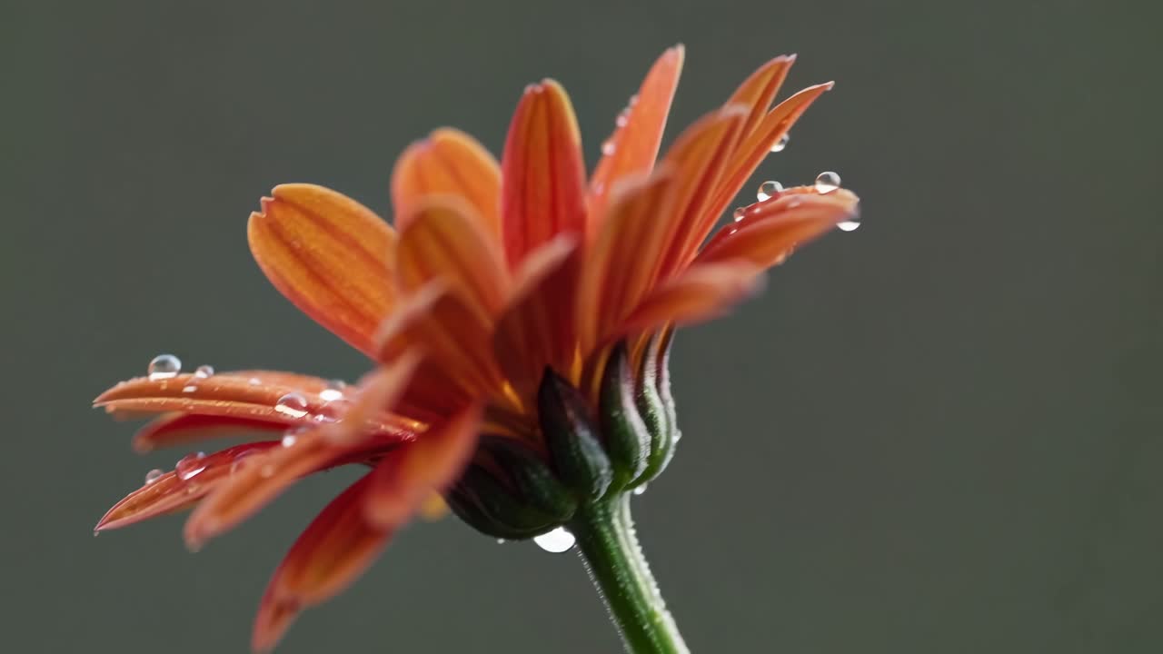 Close-up video of an orange flower with dew drops, captured from a side angle, highlighting delicate