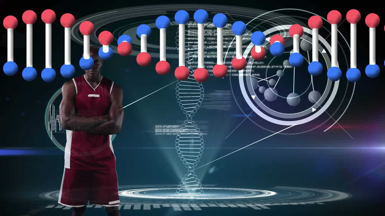 Animation of dna strand spinning and data processing over basketball player