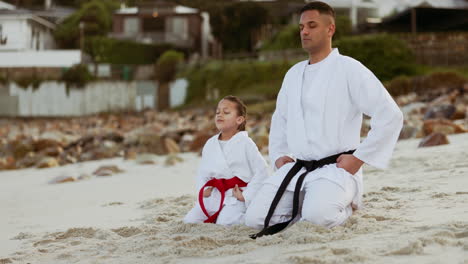 beach, kid or man teaching karate