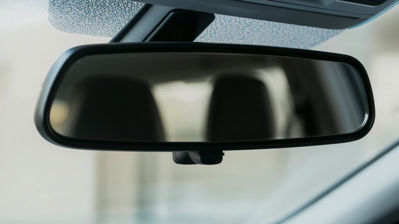Showing rearview mirror registering subtle light shifts inside parked car, with reflected headrests