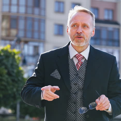 portrait senior businessman in eyeglasses on the building background in the city. serious bearded man with grey hair in suit telling about his business outdoors.