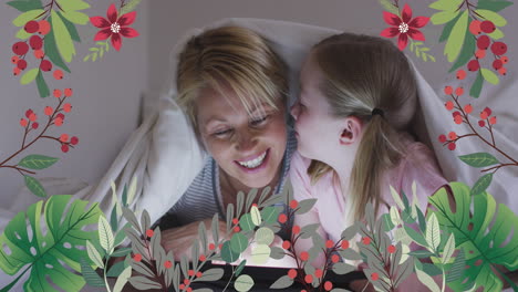 animación de flores sobre madre y hija caucásicas felices hablando en la cama