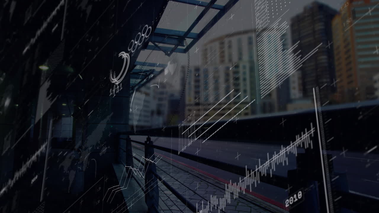 Financial data charts and graphs animation over urban cityscape background