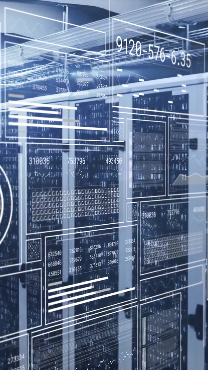 Animation of hud interface screens with graphs, shapes and numbers over data server racks
