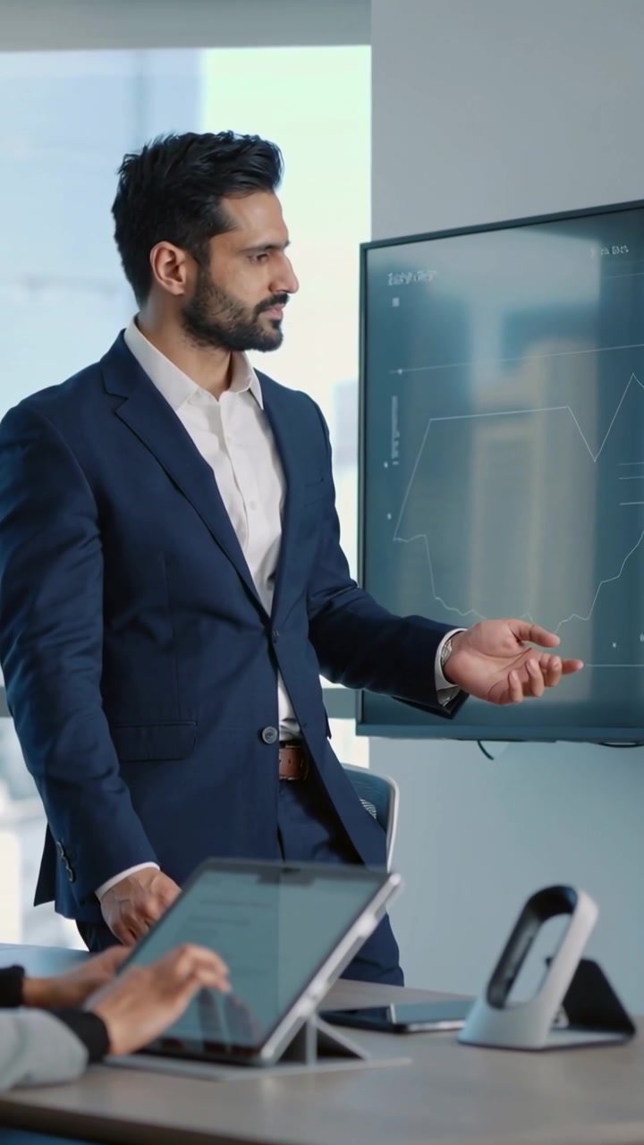 Vertical video: Presenting man in suit starting conference, showing sales charts on TV and laptop