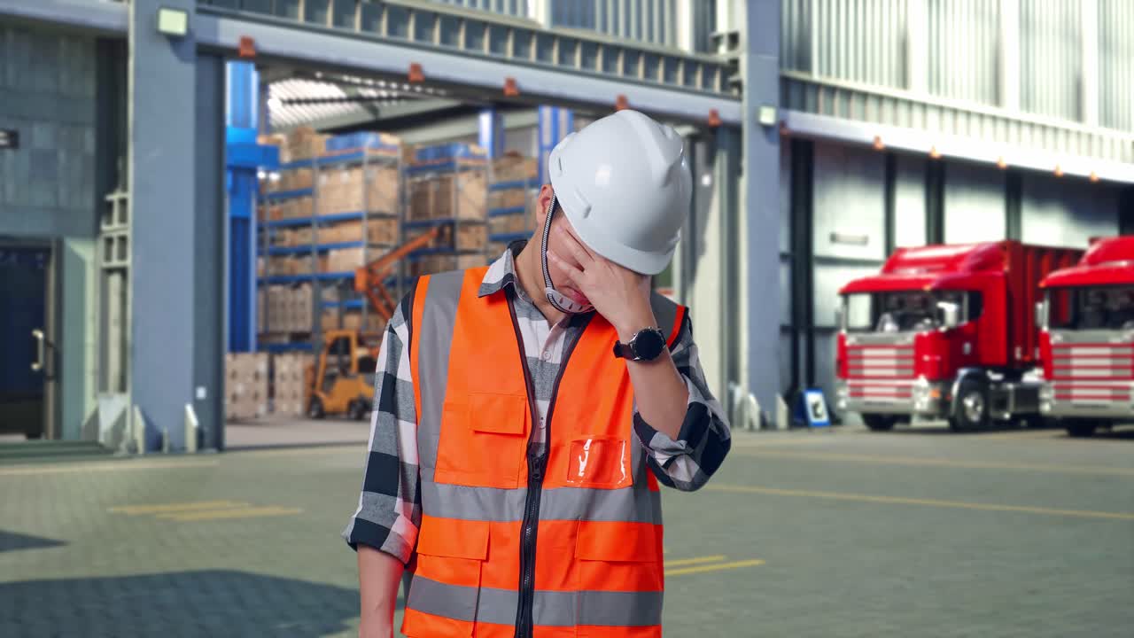 Asian Male Engineer With Safety Helmet Having A Headache While Working , Outside of Logistics Distributions Warehouse