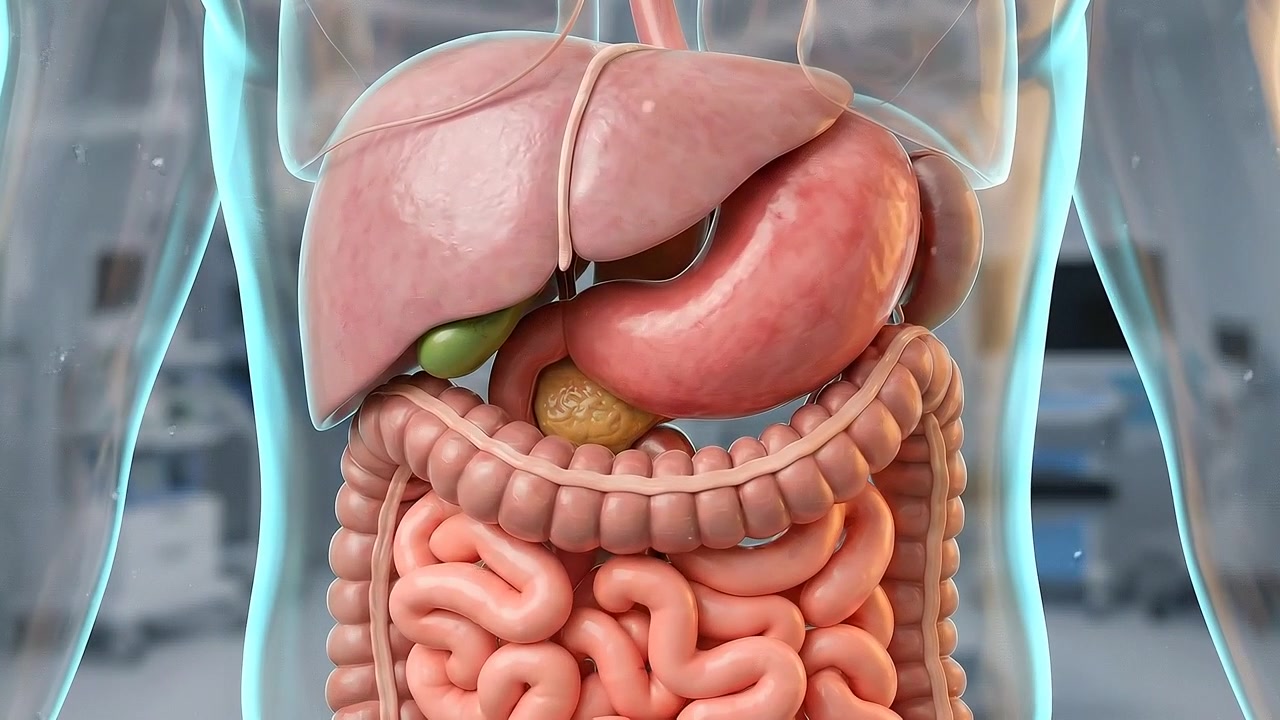 Transparent human torso showing liver stomach and intestinal anatomy in medical view