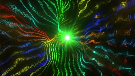 abstract colorful light particles flowing from a bright green core