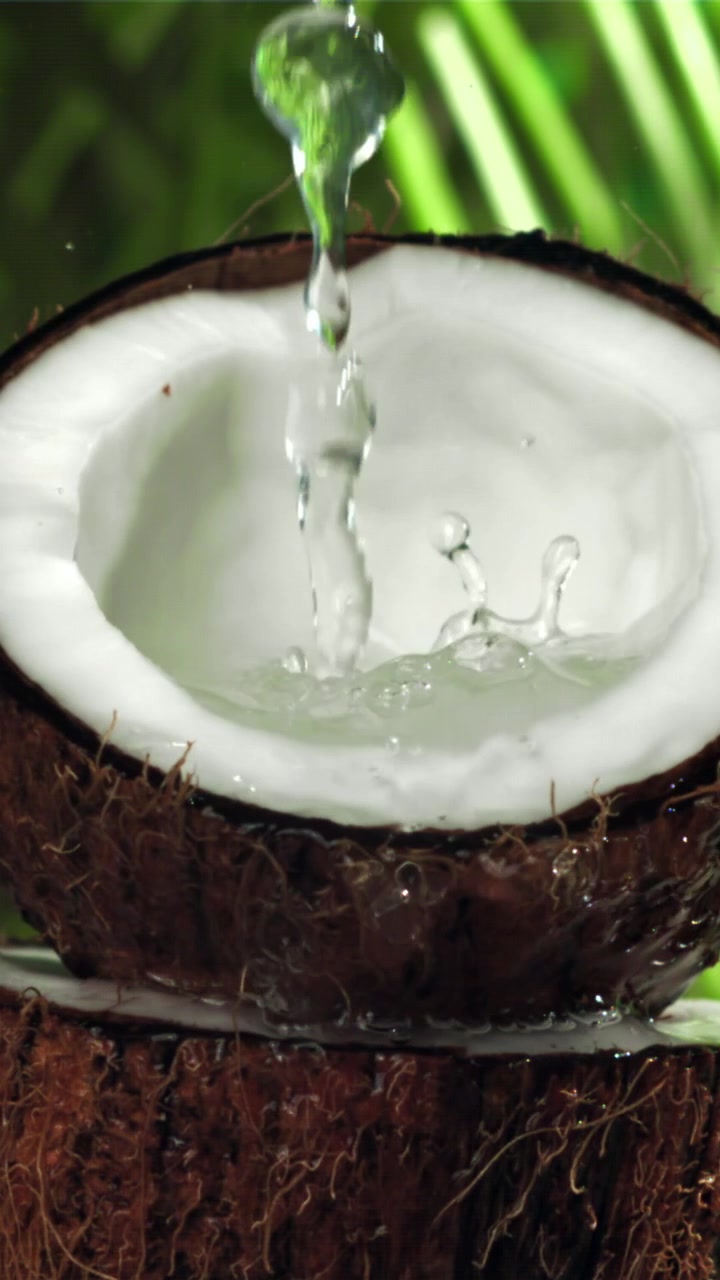 Refreshing Water Pouring and Splashing into a Halved Coconut
