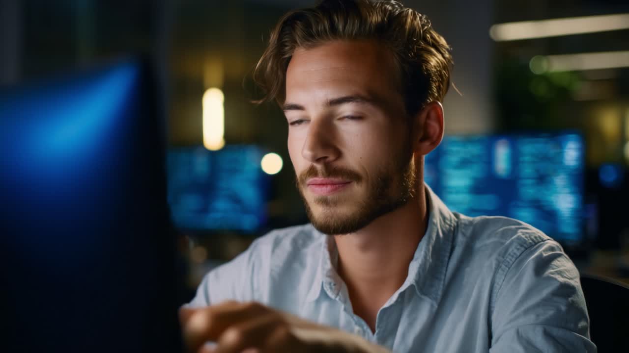 Programmatore concentrato intento a programmare di notte, con un'espressione pensierosa, illuminato dalla luce dello schermo di un computer in un'area di lavoro moderna