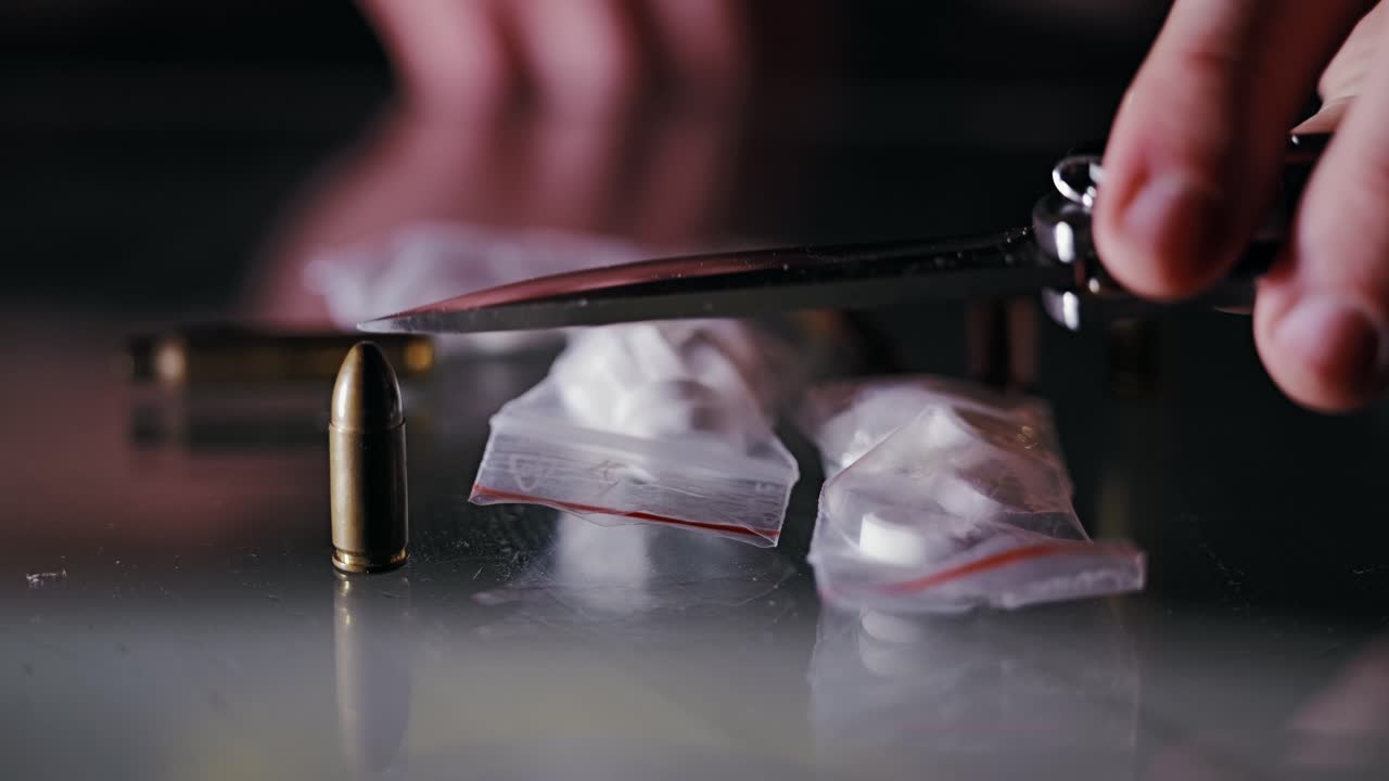 Dark symbolic still life of crime power, underground trade global shadow market