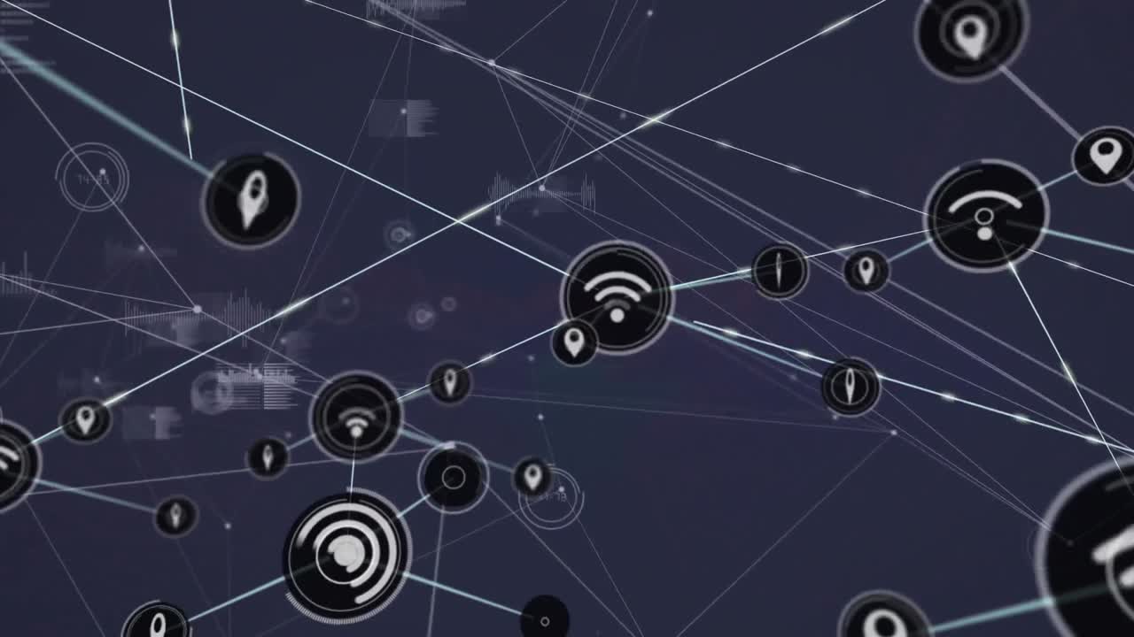 animación de la red de conexiones con iconos y procesamiento de datos sobre fondo negro