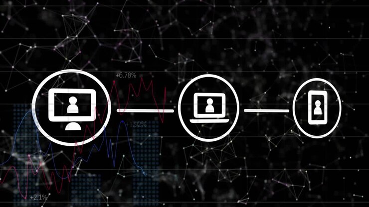 Animation of phone, laptop, computer icons forming flowchart over graphs and connected dots