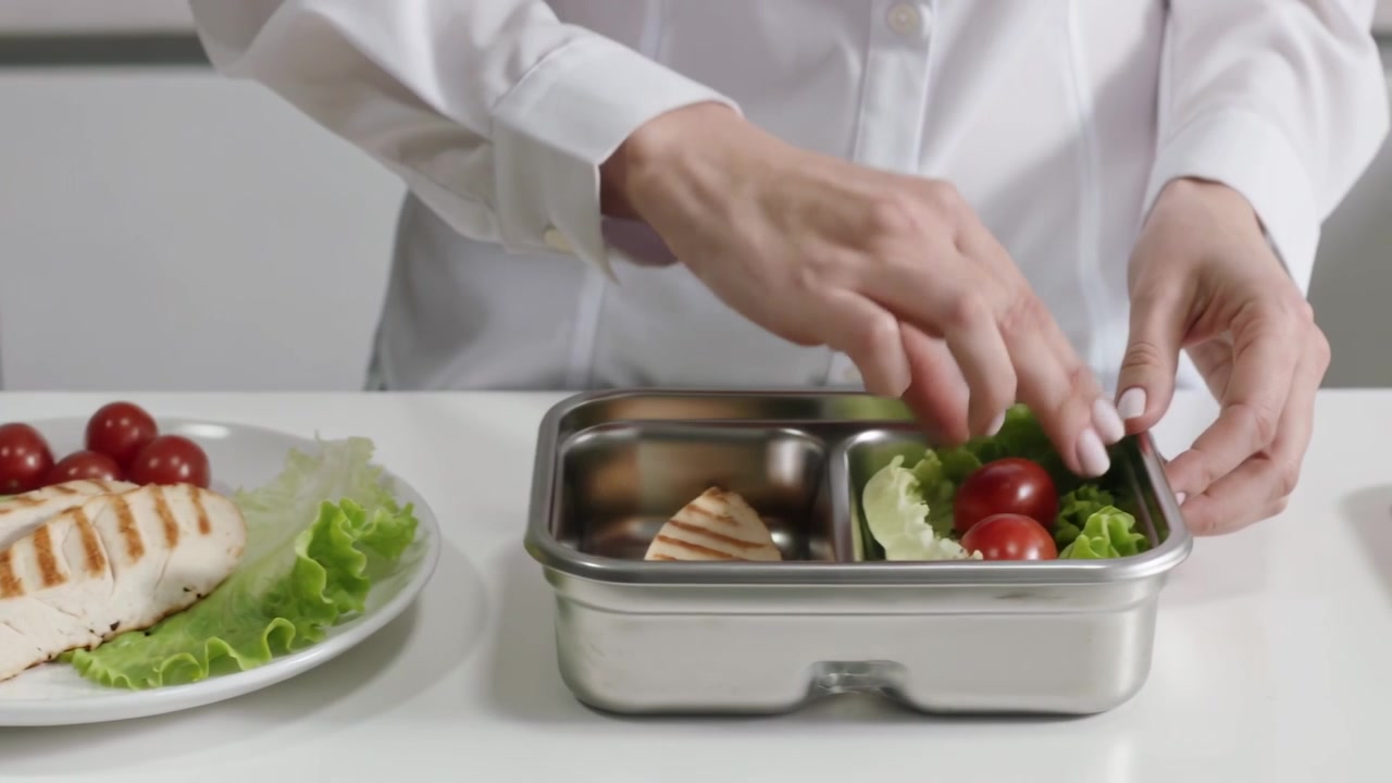 Eine Frau in weißem Hemd greift und packt Hähnchen, Salat und Kirschtomaten in eine Edelstahl-Brotdose in der Küche.