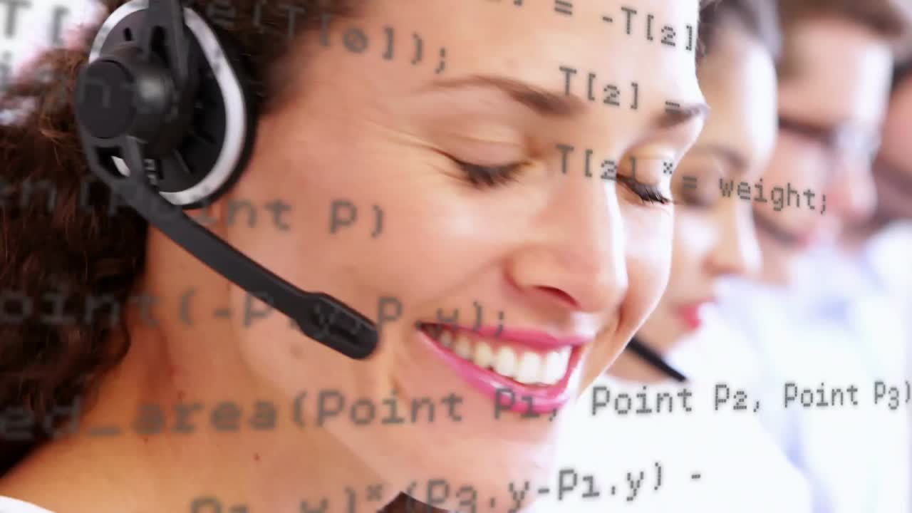 Animation of financial data processing over people wearing phone headsets