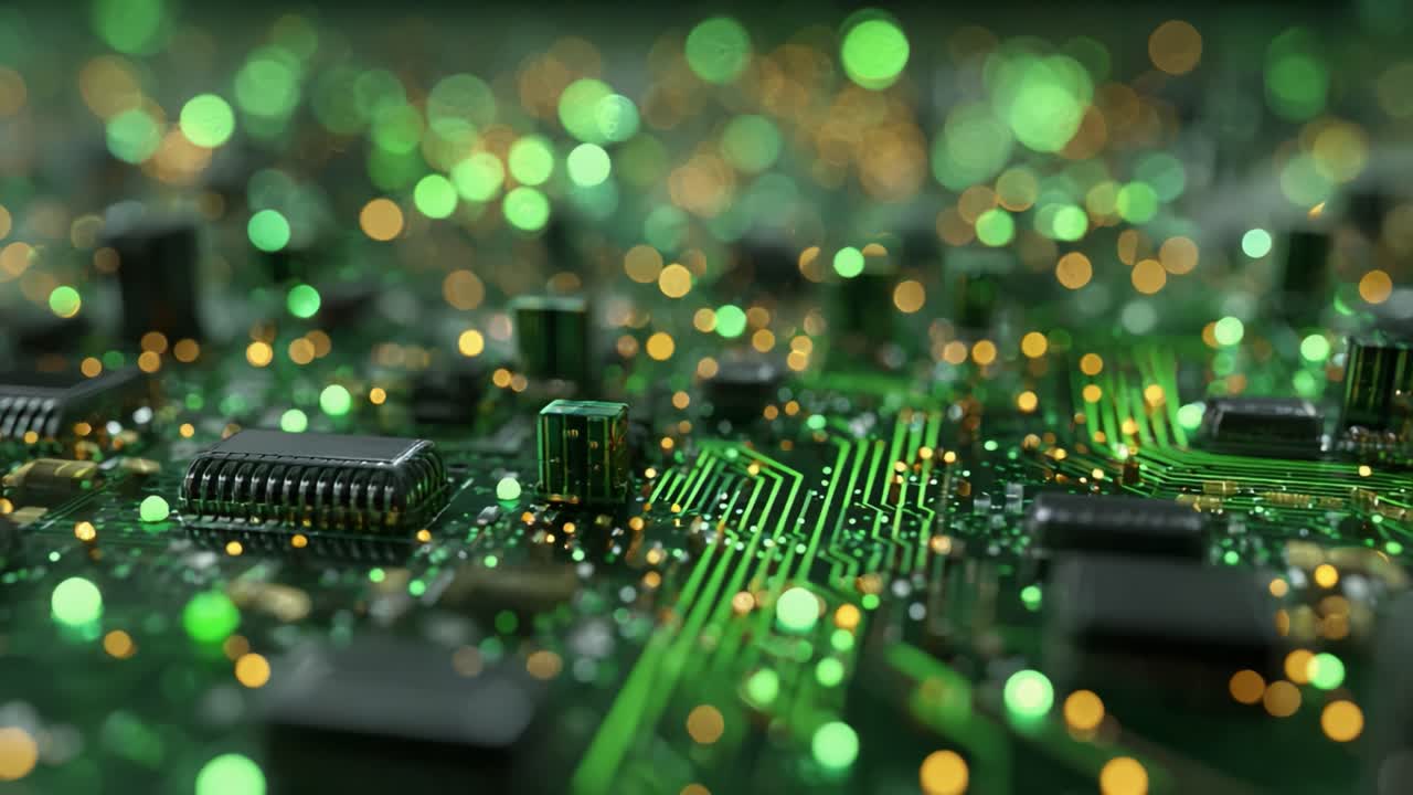 A Close-Up Exploration of a Vibrant Circuit Board with Glowing Lights and Intricate Patterns, Showcasing the Beauty of Modern Technology and Electronic Components