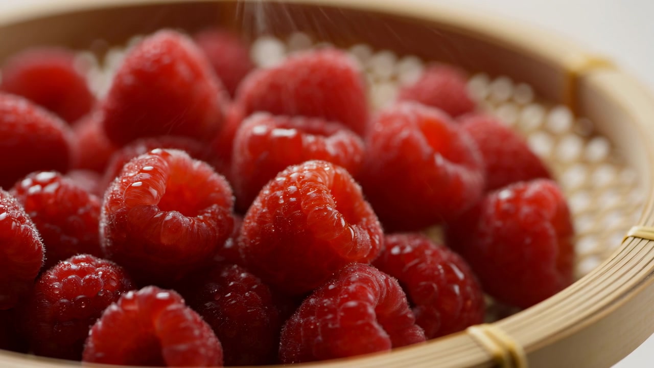 Close-up of ripe red raspberries piled in a shallow woven basket, lit by soft natural light with a bright blurred background that emphasizes freshness