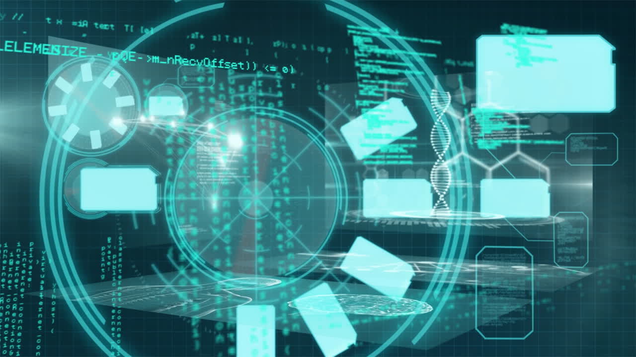 animación de círculos flotando sobre el procesamiento de datos y números sobre un fondo azul