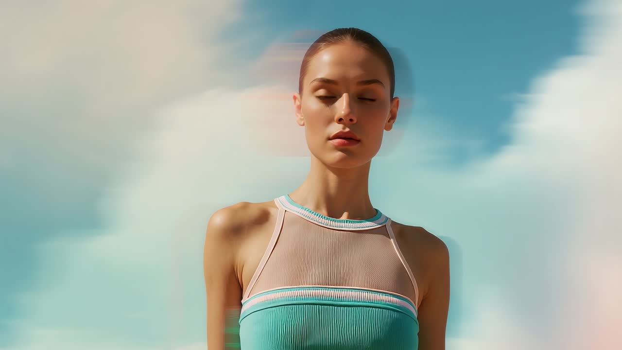 Zooming camera capturing model wearing sportswear on sky backdrop with colored smoke for promotion