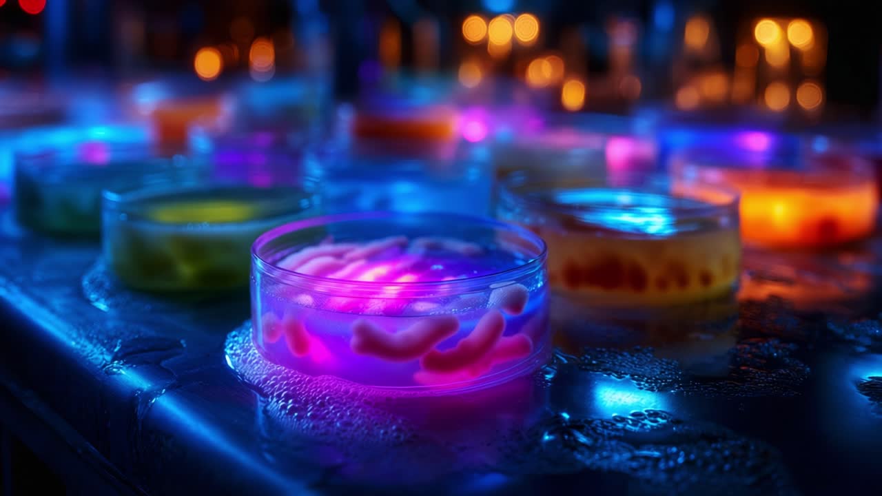 Illuminated Petri Dishes in an Artistic Showcase of Bacteria Cultures under Atmospheric Lighting Revealing Their Vibrant Colors and Intricate Patterns in a Laboratory Setting