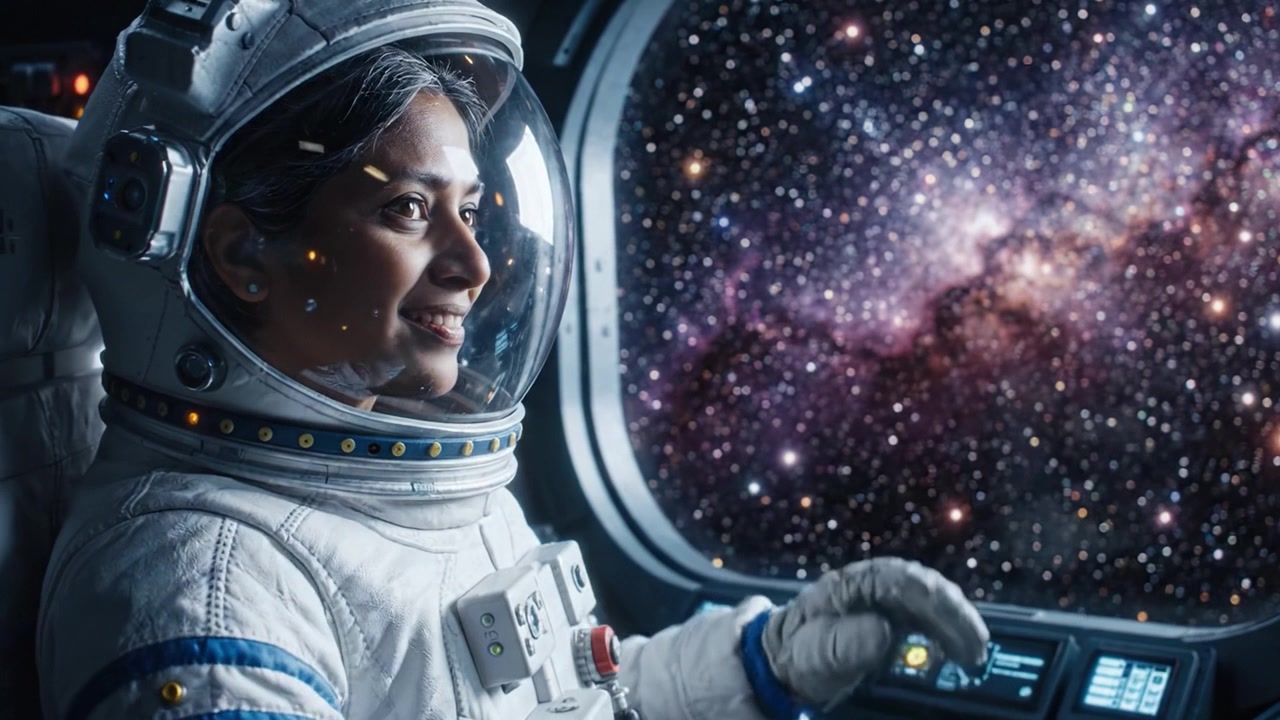 Un astronauta che osserva le stelle: esplorando le meraviglie dell'universo dal comfort di un'astronave, immerso nella bellezza cosmica e nelle infinite possibilità
