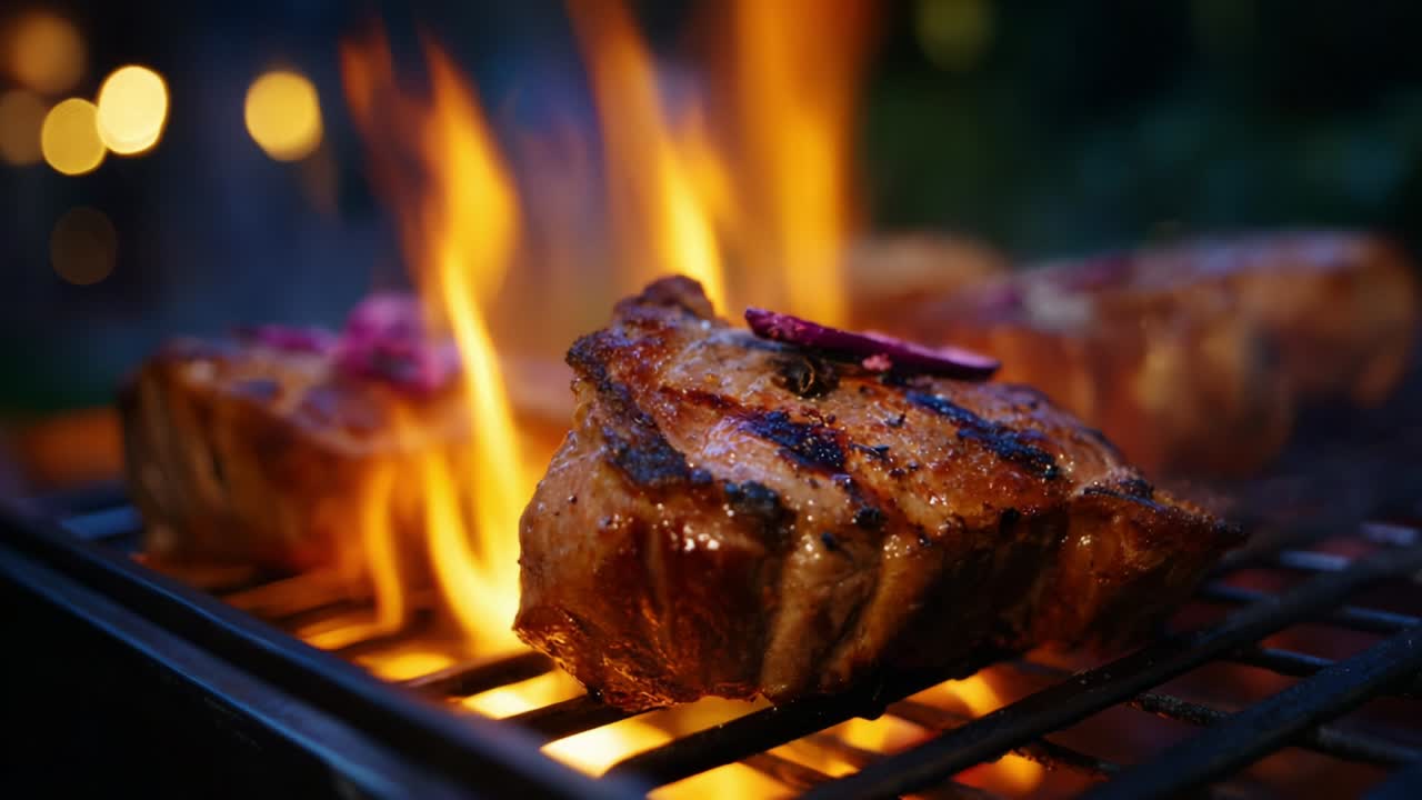 Juicy Grilled Meats Glowing Over Flames in a Backyard Barbecue Setting, Highlighting the Intricate Cooking Techniques That Bring Out the Flavor and Char of Each Cut, Igniting Culinary Passion and Joy